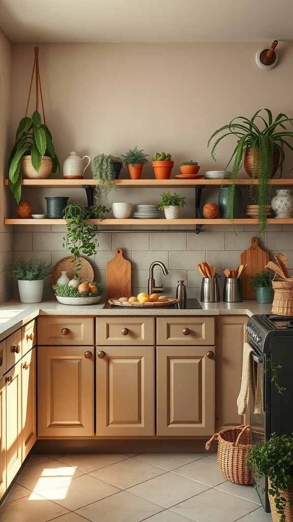 A cozy cashmere kitchen featuring plants on shelves and countertops.