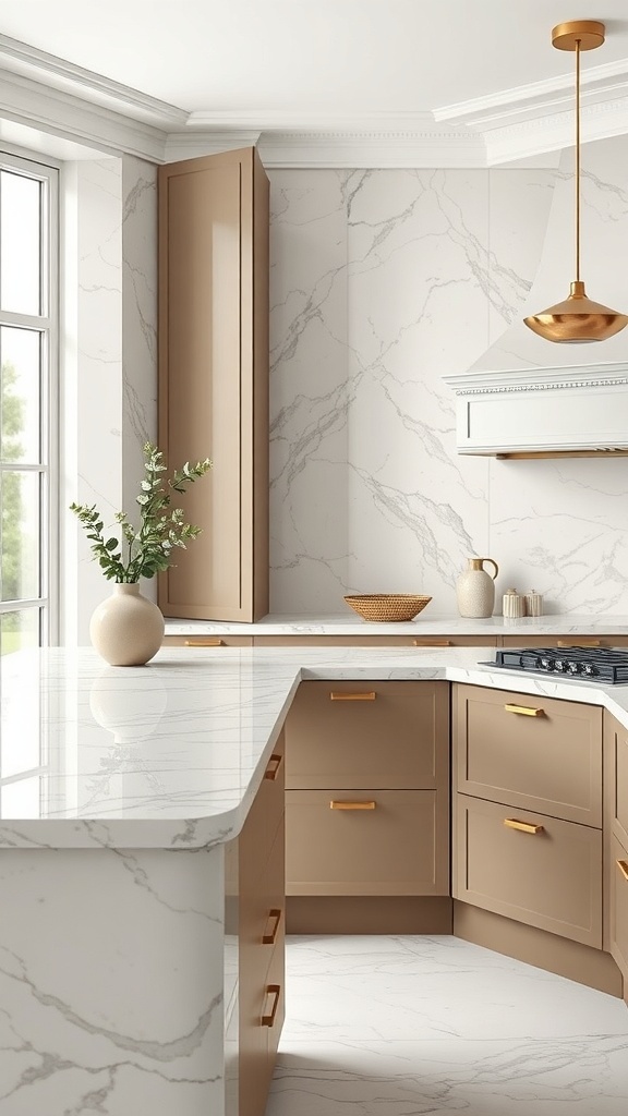 A stylish kitchen featuring cashmere cabinets and marble surfaces, showcasing a blend of warm and cool tones.