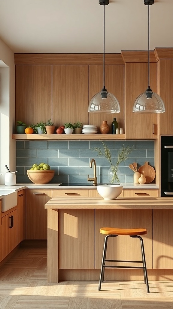A cozy kitchen featuring cashmere tones and wooden accents, showcasing a blend of cabinetry and decor.