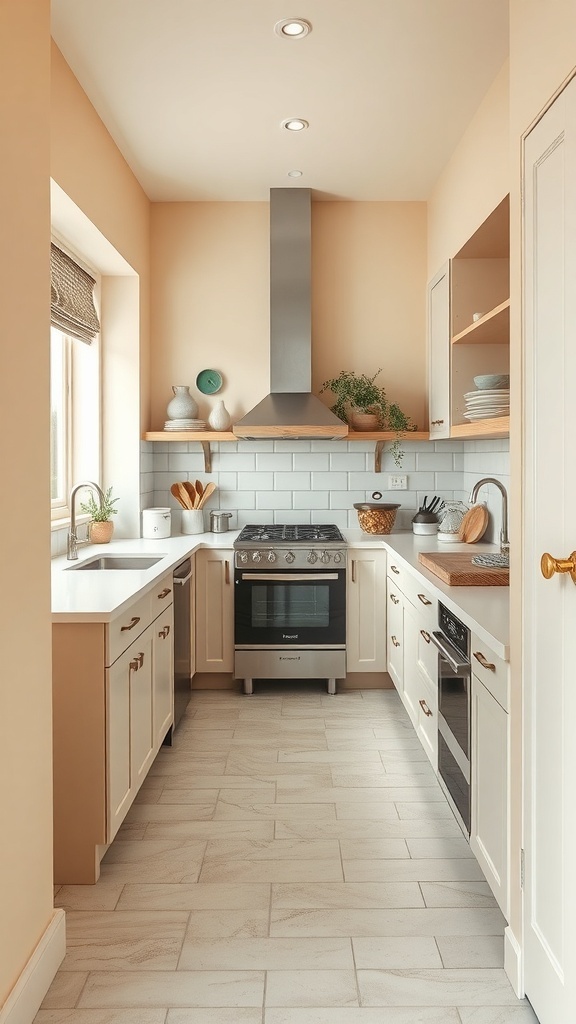 A cozy cashmere galley kitchen featuring beige-gray cabinets, light countertops, and open shelving.