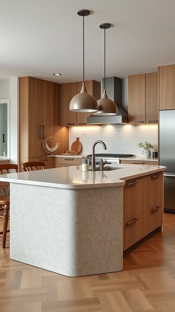 A modern kitchen featuring a cashmere kitchen island with rounded edges, warm wood cabinetry, and stylish pendant lights.