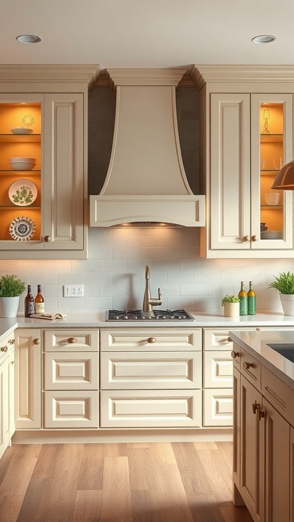 A kitchen featuring cashmere shaker cabinets with warm lighting and decorative plates on open shelves.
