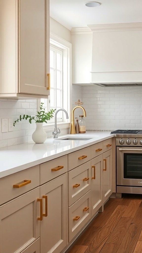 A cashmere kitchen featuring brass hardware on cabinets, showcasing a warm and sophisticated design.