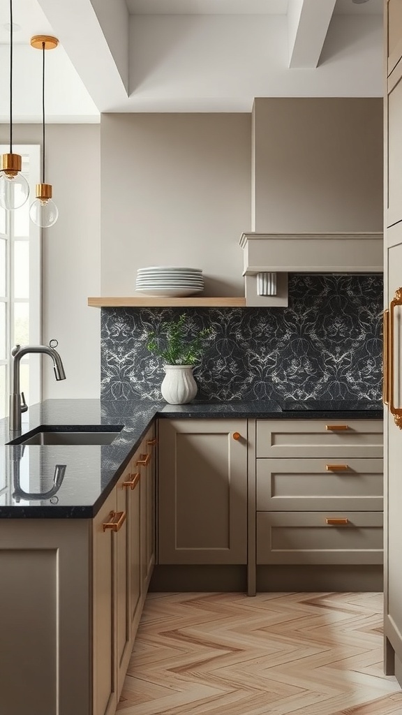 A cashmere kitchen featuring dark worktops, showcasing warm beige-gray cabinets and a stylish contrast with dark surfaces.
