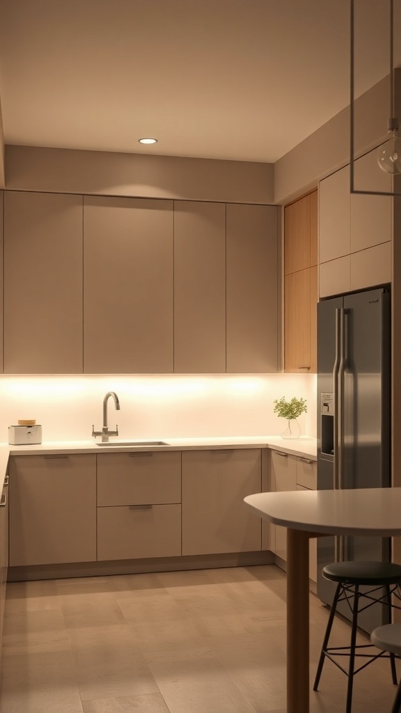 A modern kitchen featuring cashmere cabinets with integrated lighting, showcasing a warm and inviting atmosphere.