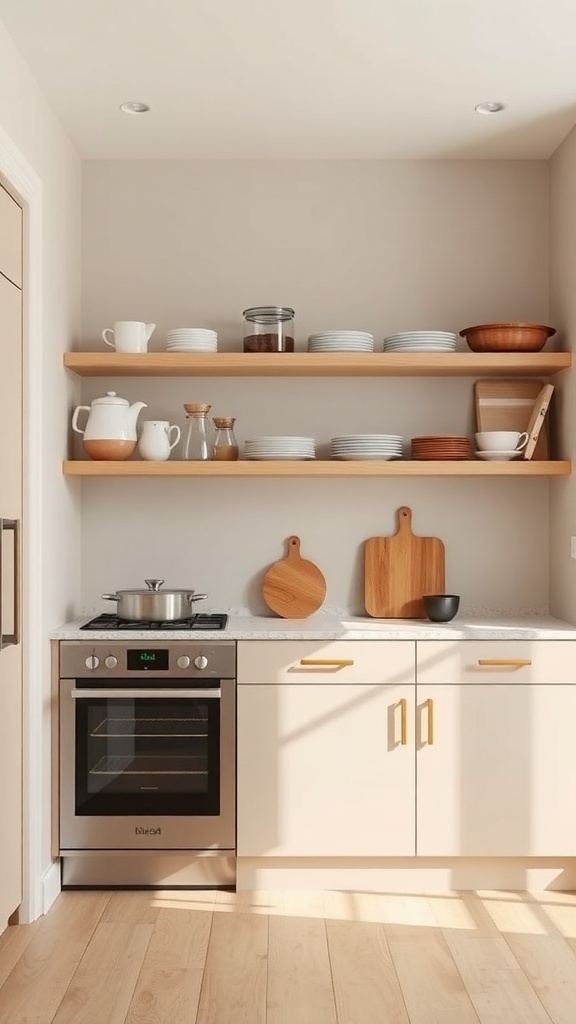 A cashmere kitchen featuring open shelving with dishes and kitchen accessories.