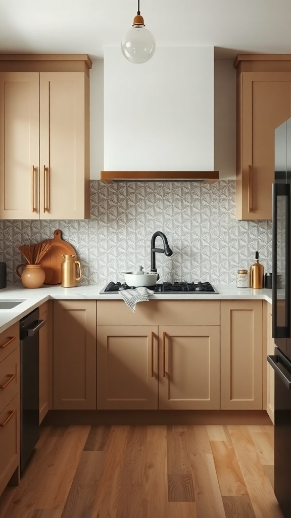 A cashmere kitchen featuring a patterned backsplash, warm tones, and brass accents.