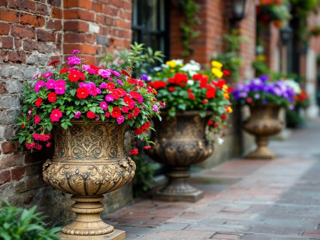 Beautiful cast iron planters filled with colorful flowers along a brick pathway.