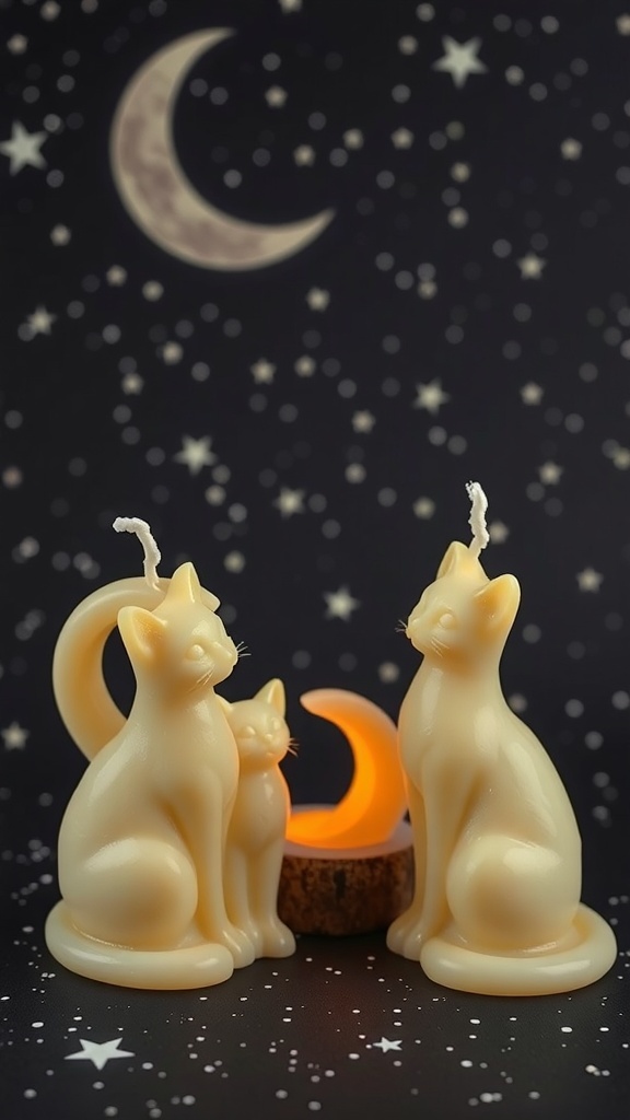 A set of cat-shaped candles with a crescent moon candle, set against a starry background.
