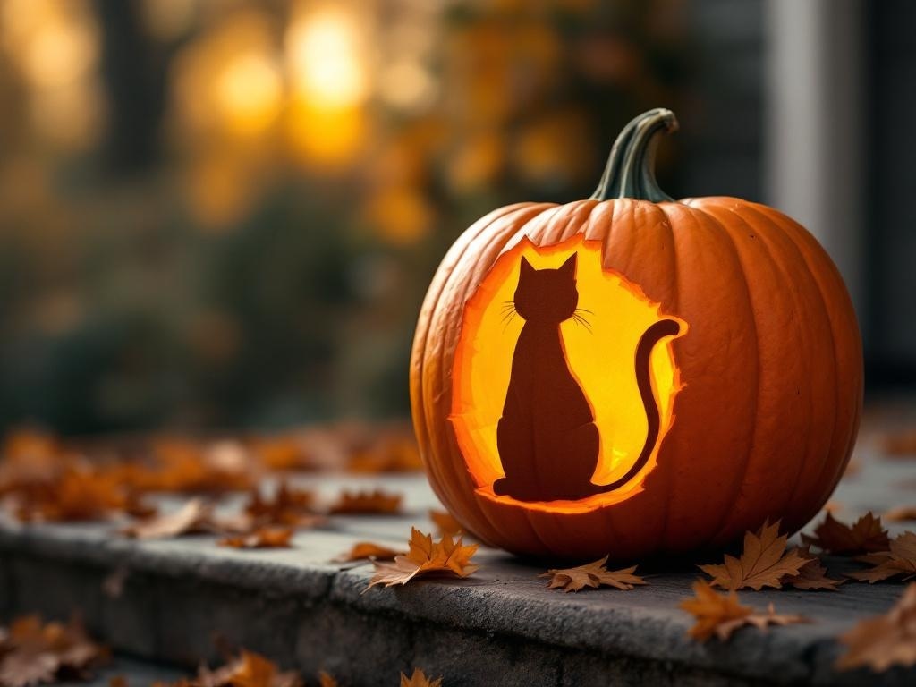 A carved pumpkin featuring a cat silhouette, glowing warmly in the evening light.