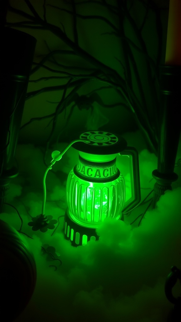 A glowing green cauldron lamp surrounded by fog and spooky decorations.