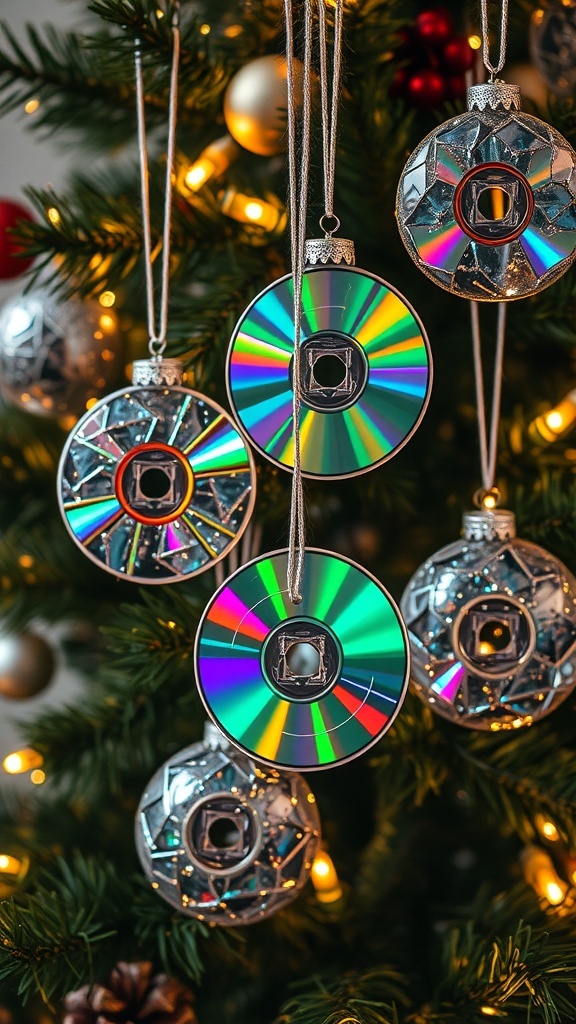 Colorful CD shard ornaments hanging on a Christmas tree.
