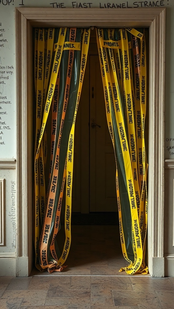 A doorway covered with yellow and black fright tape, creating a spooky curtain effect.