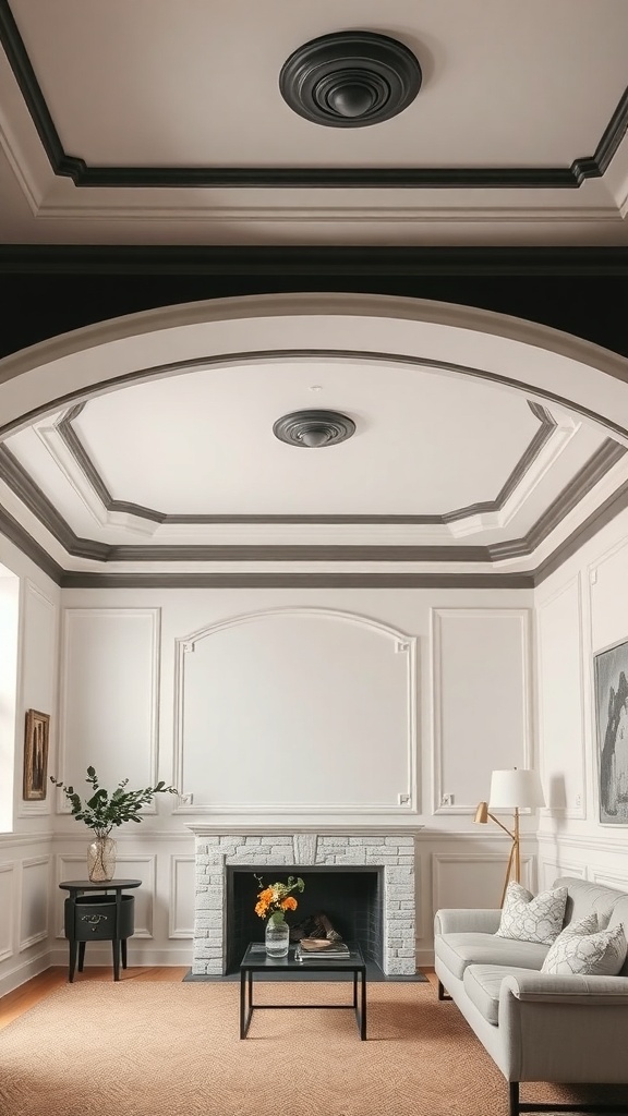 A stylish living room featuring a painted ceiling with a dark border, enhancing the architectural details.