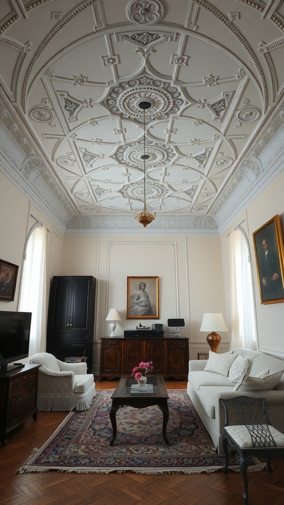 Intricate ceiling design in a stylish living room