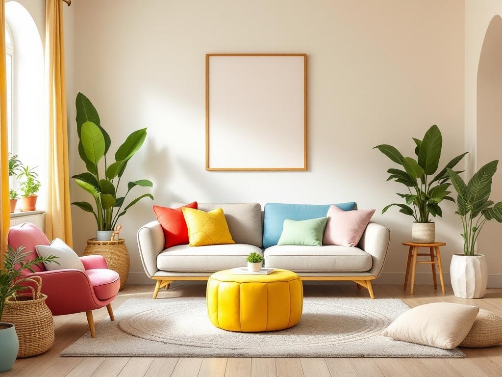 A bright living room featuring a bubblegum pink ceiling, colorful cushions on a gray sofa, a yellow ottoman, and various indoor plants.