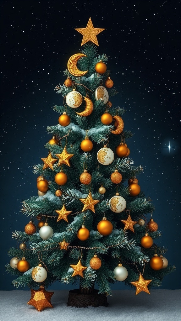 A beautifully decorated Christmas tree with gold ornaments, stars, and moons against a starry night background.