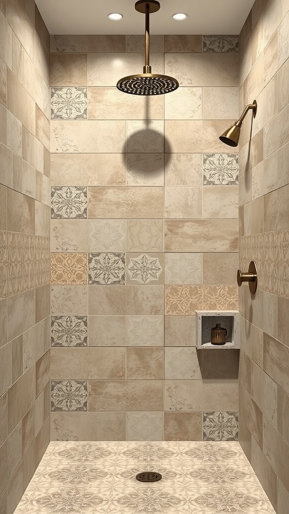 Rustic shower with patterned cement tiles in earthy tones