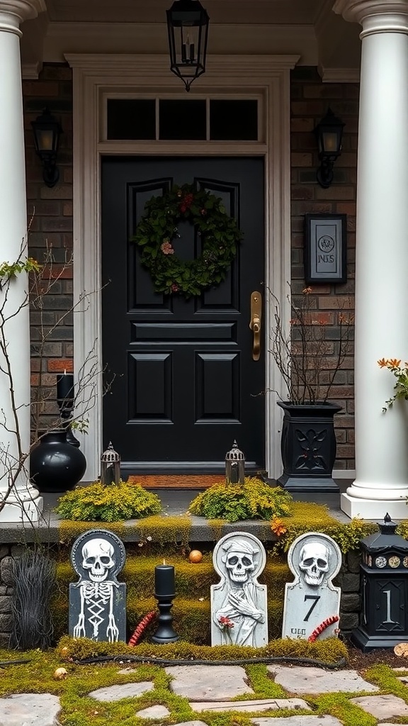 Cemetery-inspired porch display with black XL candle and tombstones