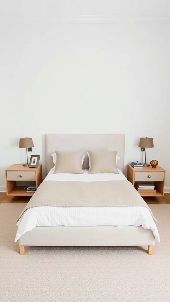 A cozy small bedroom with a centrally positioned bed, two nightstands, and a light color scheme.