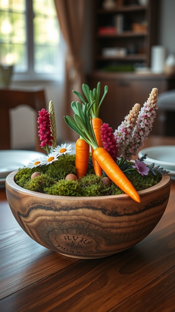 A wooden bowl filled with moss, wooden carrots, and colorful flowers, creating a charming Easter centerpiece.