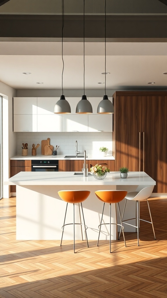 Modern kitchen with a central island, wooden cabinetry, and colorful bar stools.
