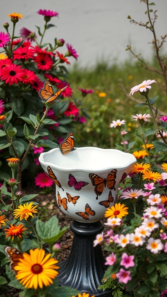 A ceramic bird bath with butterfly motifs surrounded by colorful flowers.