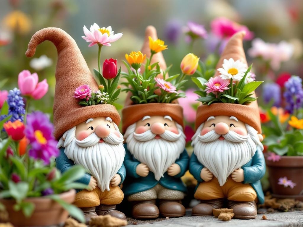Three ceramic garden gnomes with flower hats surrounded by colorful flowers.