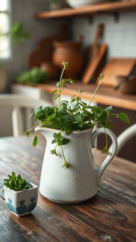 A white ceramic pitcher filled with green herbs, placed on a wooden table next to a small succulent in a decorative pot.