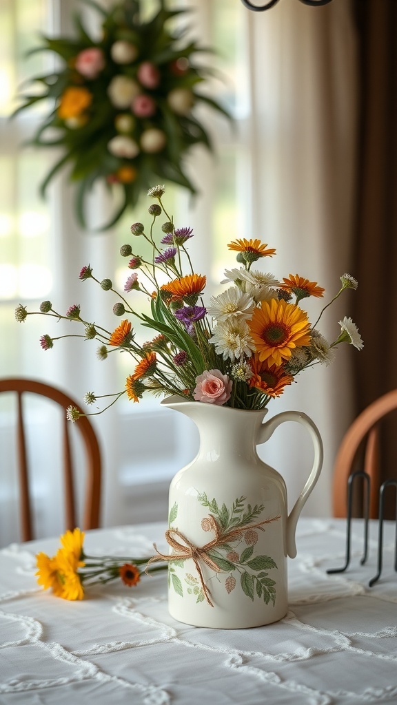 A ceramic pitcher filled with colorful wildflowers on a dining table.