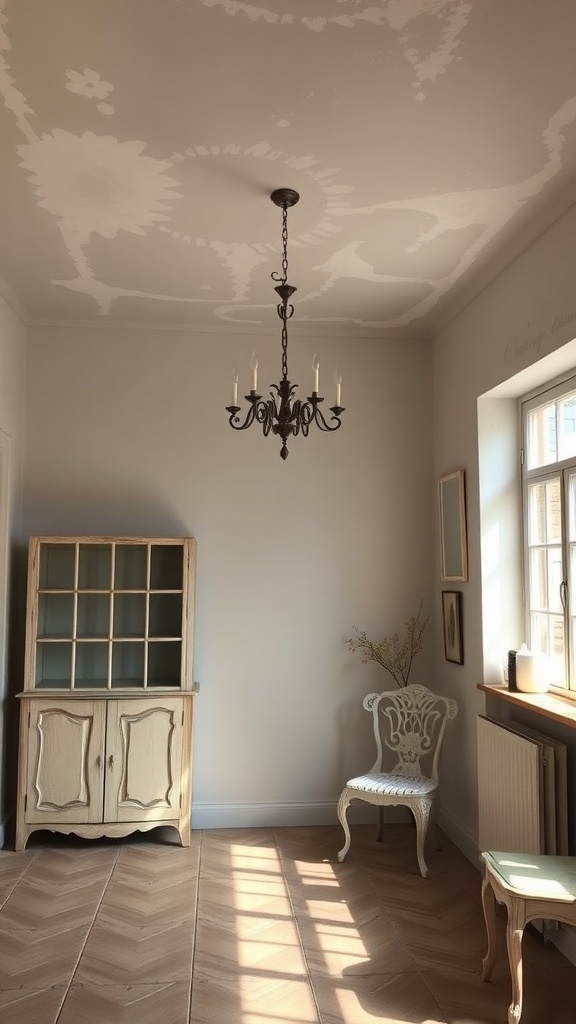 A room with a softly painted ceiling featuring intricate patterns, complemented by a chandelier and light-colored furniture.