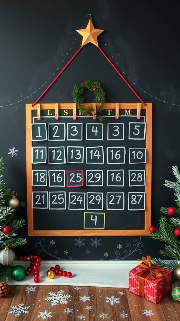 A festive chalkboard countdown calendar with numbered boxes, a star on top, and a wreath, surrounded by Christmas decorations.