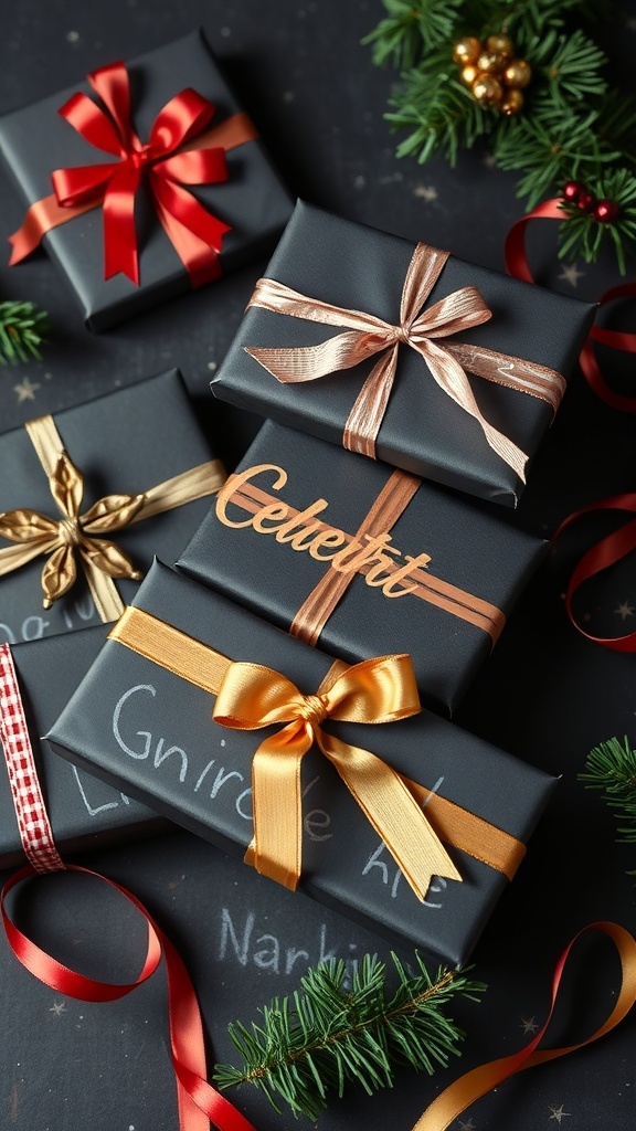 Beautifully wrapped gifts in black paper with colorful ribbons and chalkboard messages