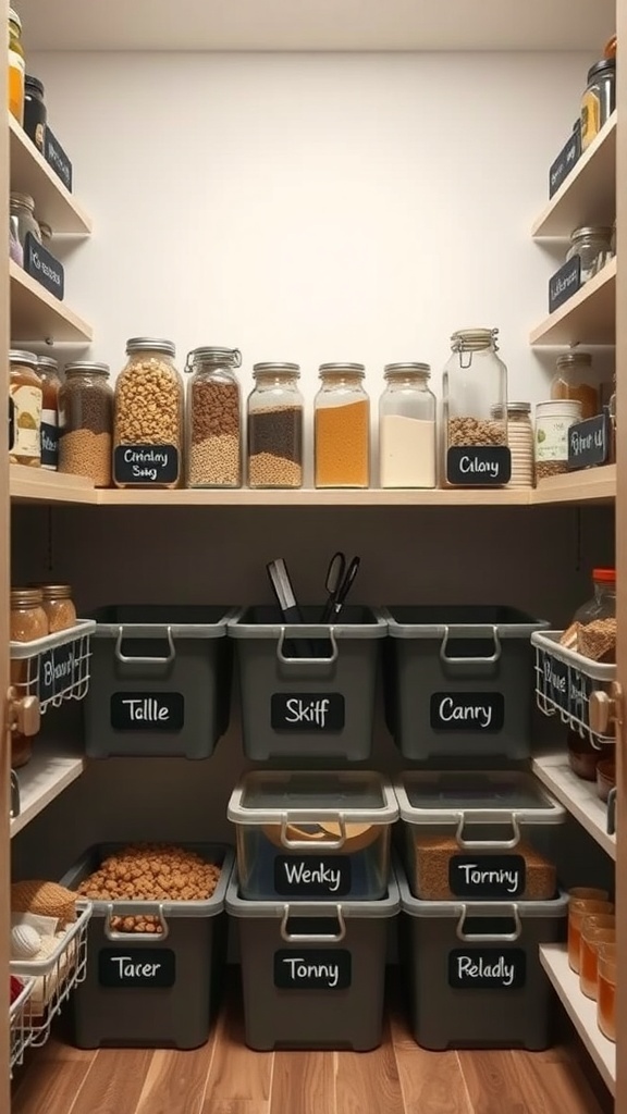 Organized pantry with jars and bins labeled with chalkboard labels