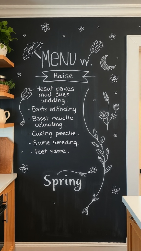 Chalkboard menu wall with spring-themed drawings and handwritten menu items.