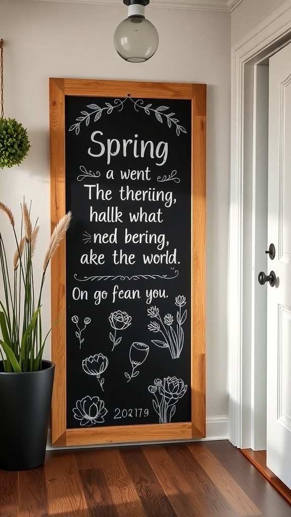A chalkboard message board with a spring theme, framed in wood, accompanied by a potted plant.