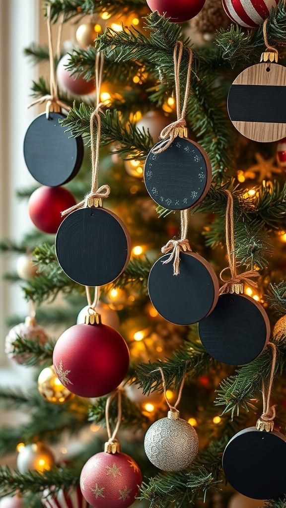 Chalkboard ornaments hanging on a Christmas tree among red and gold baubles.