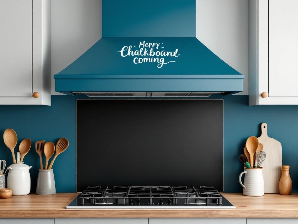 A kitchen with a chalkboard paint finish on the vent hood, featuring handwritten text.