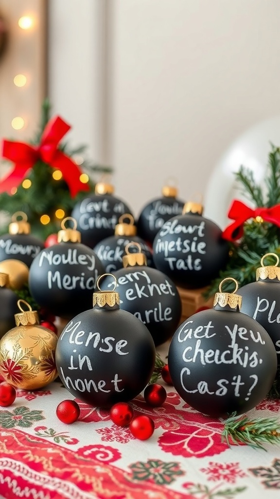 Chalkboard painted baubles with festive messages and decorations
