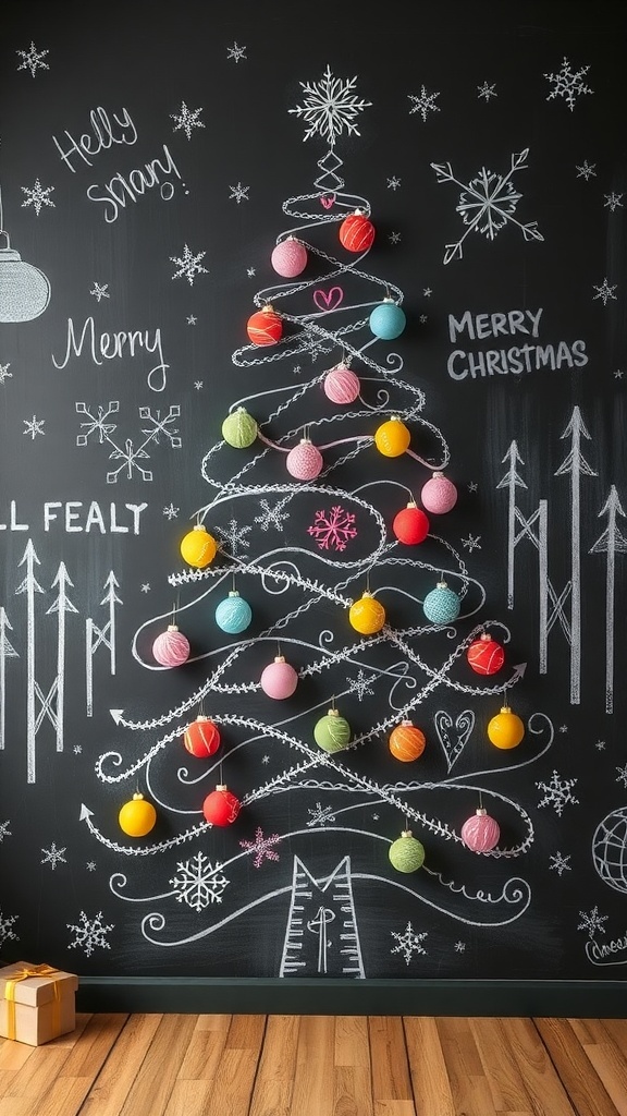 Chalkboard wall art featuring a Christmas tree with colorful ornaments and festive messages.