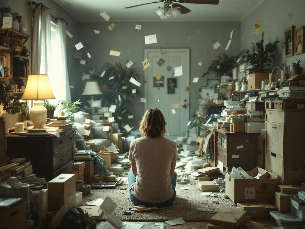 A person sitting in a cluttered room filled with boxes and scattered papers, looking overwhelmed.