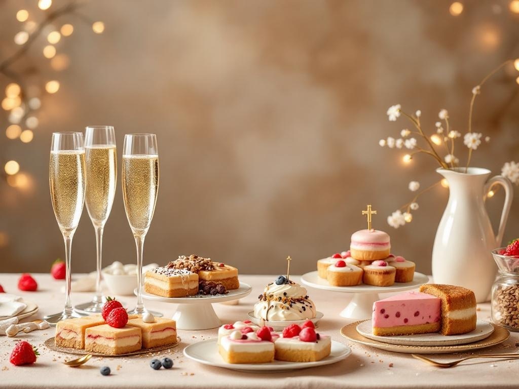 A beautifully arranged table with champagne flutes and an assortment of desserts, including cakes and pastries, decorated with berries.