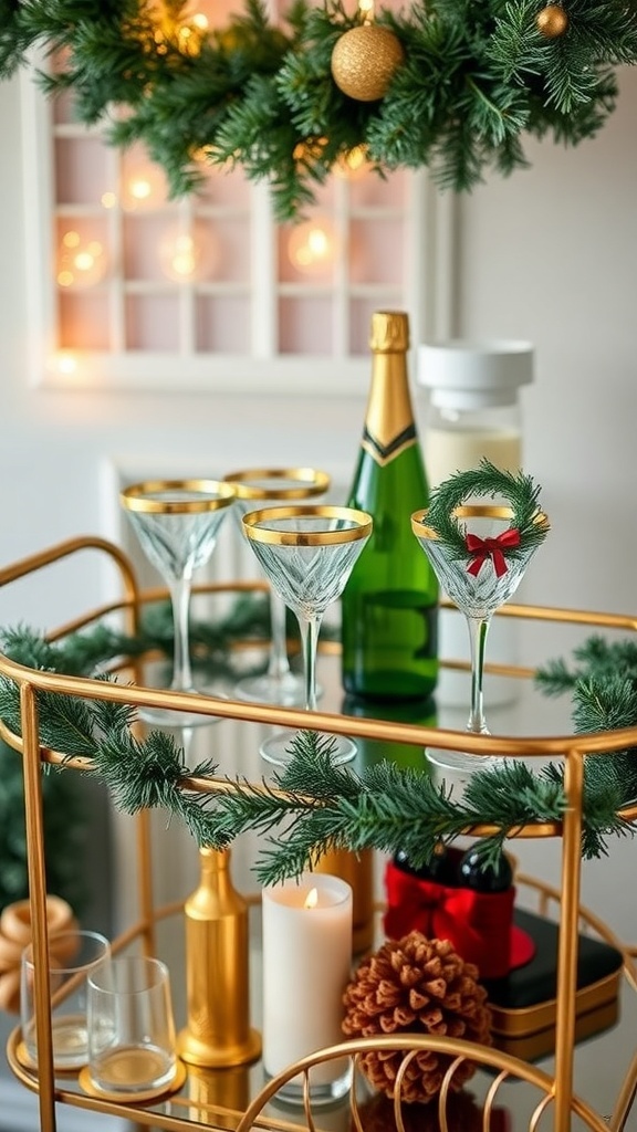 A beautifully styled champagne bar cart with crystal glasses, a bottle of champagne, and festive decorations.