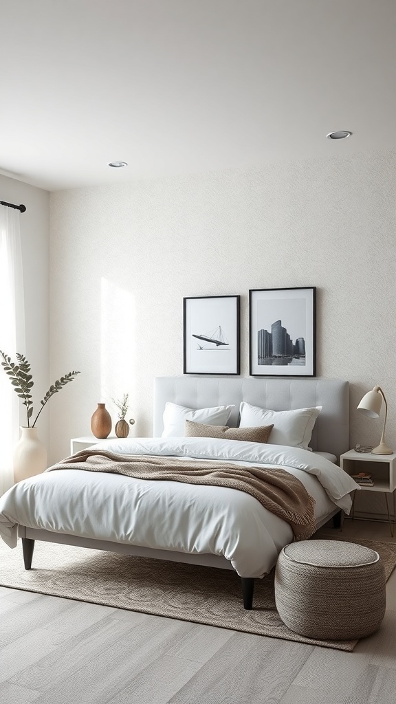 A bright and modern bedroom featuring Chantilly Lace paint on the walls, with light bedding and minimalist decor.