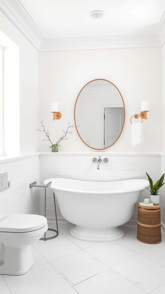 A modern bathroom featuring a crisp white color scheme with a freestanding tub, round mirror, and stylish fixtures.