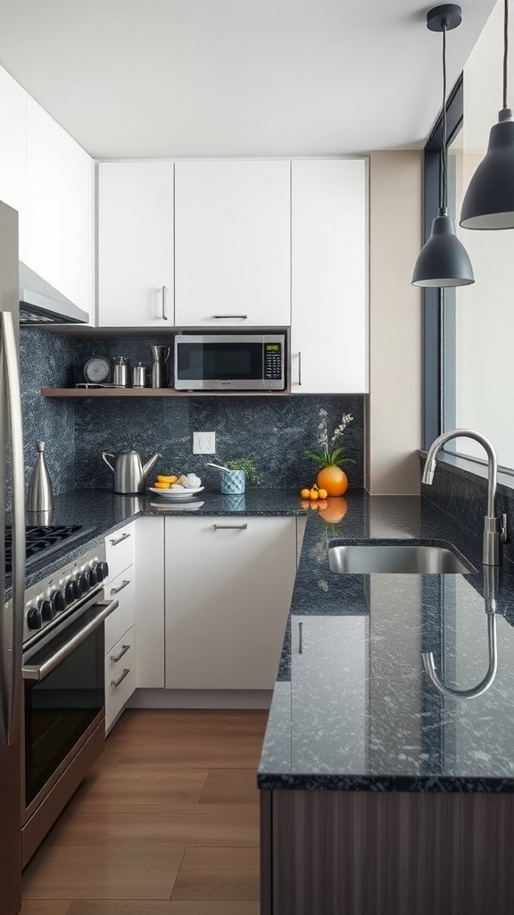 A modern kitchen featuring a Charcoal & Silver Blend recycled glass countertop with white cabinetry and stainless steel appliances.