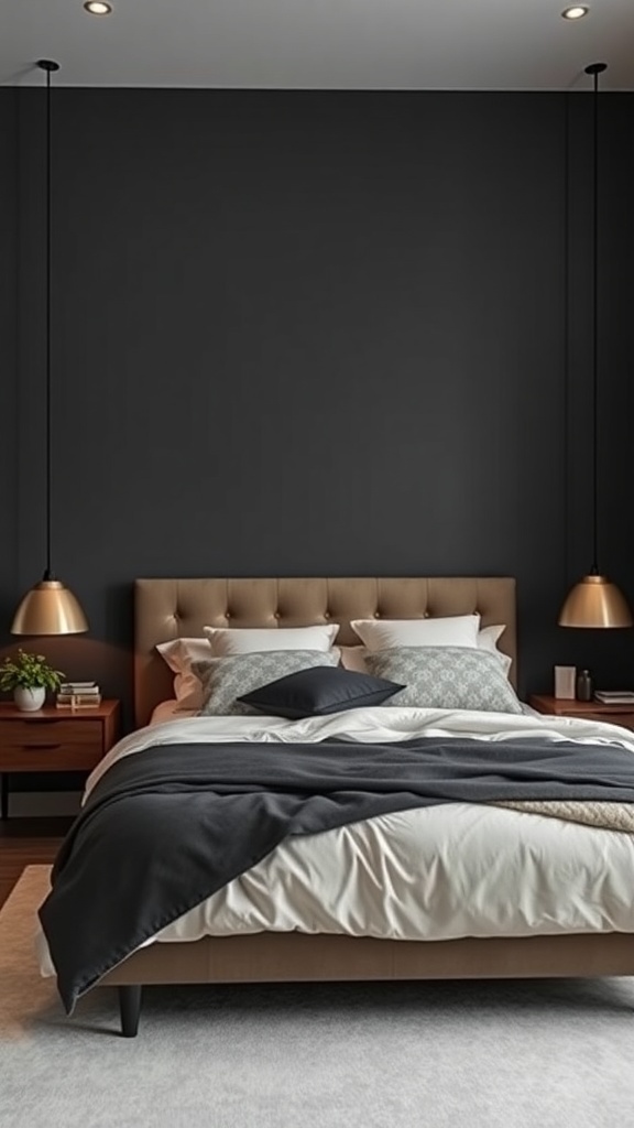A stylish bedroom featuring a charcoal accent wall, a padded headboard, and warm pendant lighting.