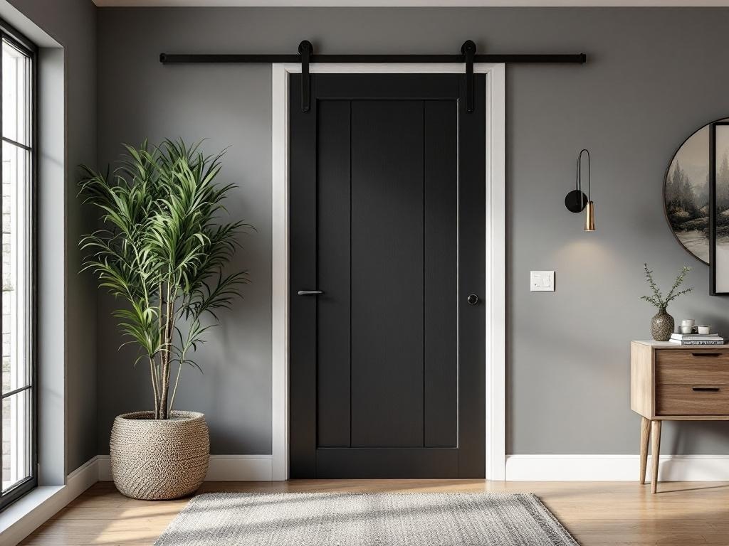A Charcoal Black barn door in a modern interior setting with a potted plant and gray walls.