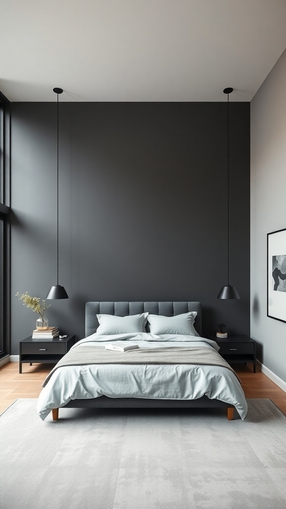 A modern bedroom featuring charcoal grey walls with black trim, a grey upholstered bed, and light blue bedding.