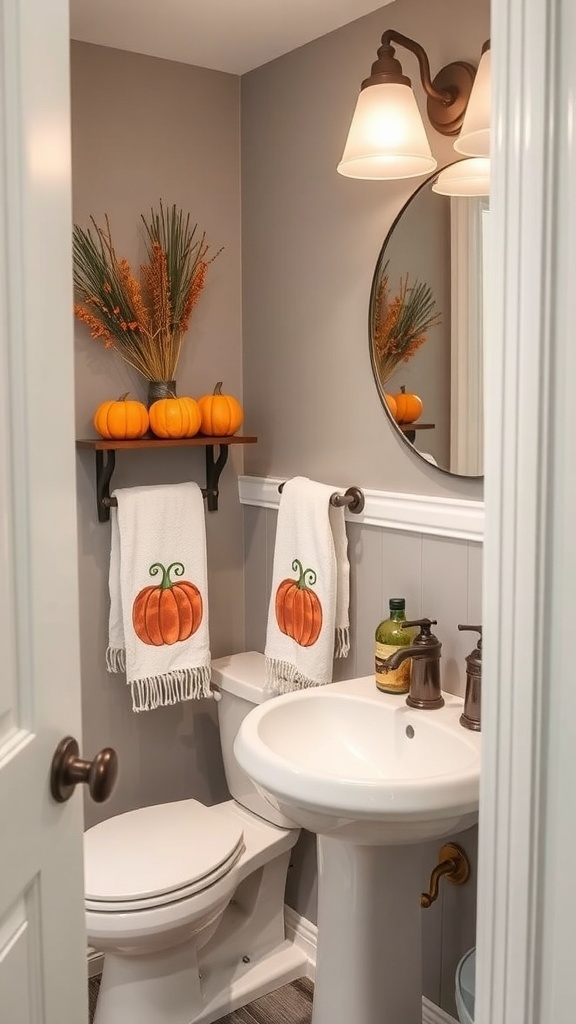 A cozy bathroom featuring pumpkin-themed cotton towels hanging on a towel rack, with decorative pumpkins and autumn foliage on display.
